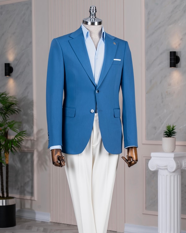 İtalyan stil slim fit kombin takım elbise mavi T13928