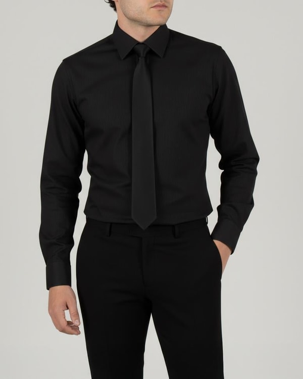İtalyan stil slim fit kravat yaka erkek gömlek siyah T13814