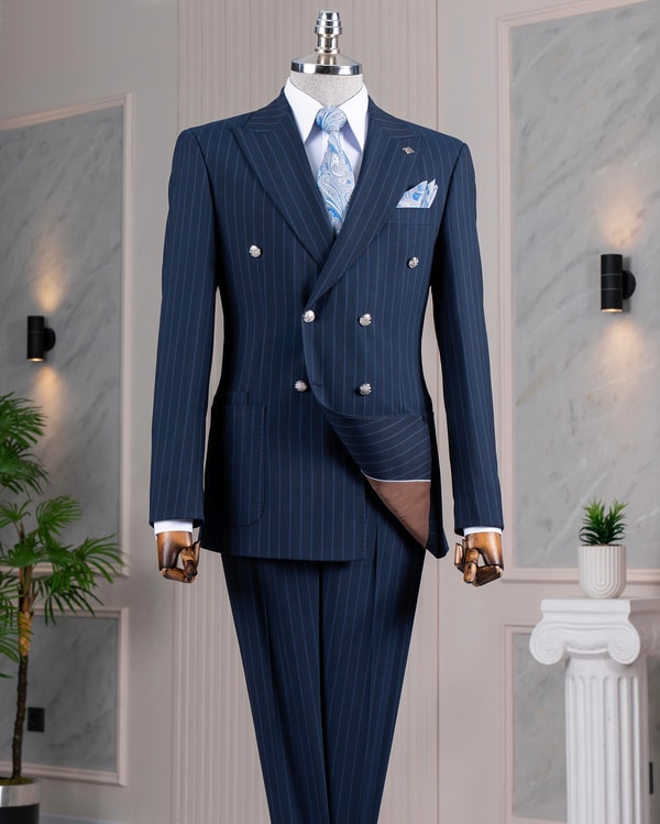 İtalyan stil slim fit kruvaze ceket pantolon takım elbise lacivert T14295