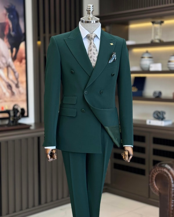 İtalyan stil slim fit kruvaze ceket pantolon takım elbise yeşil T10280