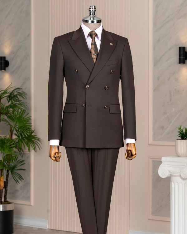 İtalyan stil slim fit kruvaze ceket pantolon takım elbise kahverengi T14857