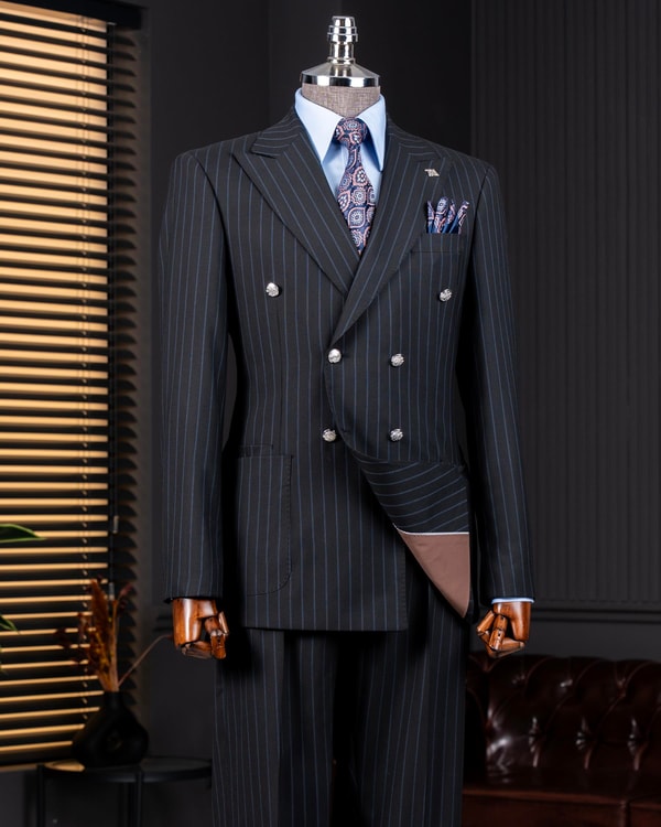İtalyan stil slim fit kruvaze ceket pantolon takım elbise siyah T14294