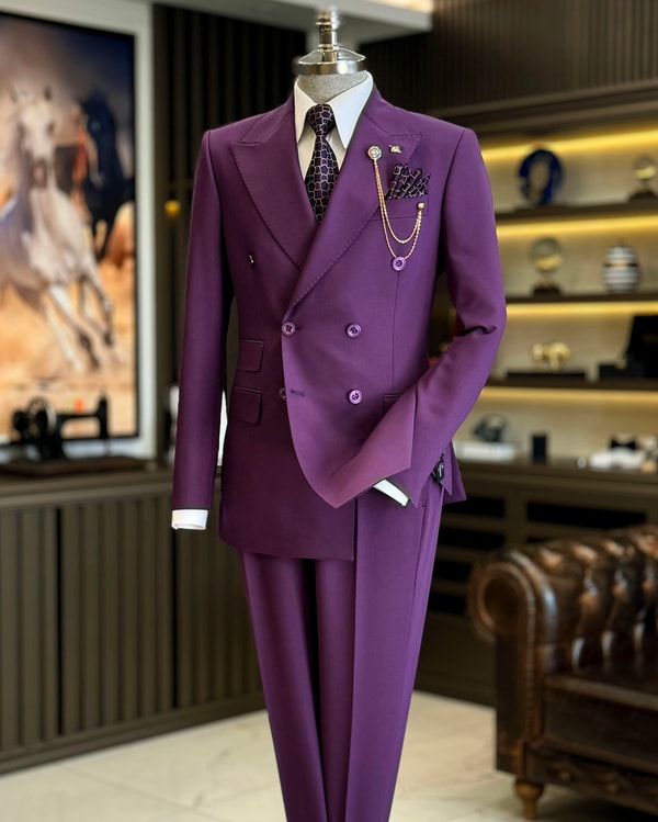 İtalyan stil slim fit kruvaze ceket pantolon takım elbise mor T12597