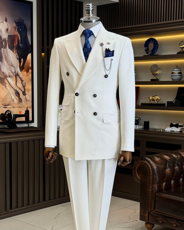 İtalyan stil slim fit kruvaze ceket pantolon takım elbise beyaz T12606