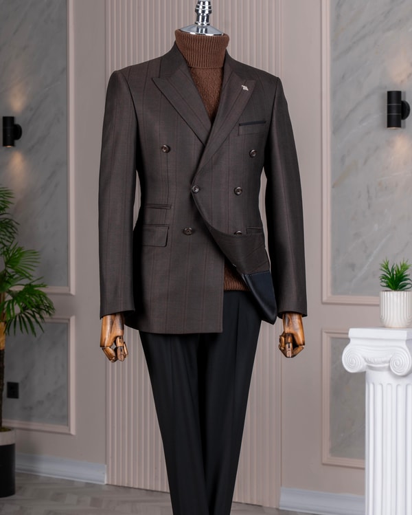 İtalyan stil slim fit kruvaze ceket pantolon kombin takım elbise kahverengi 14662
