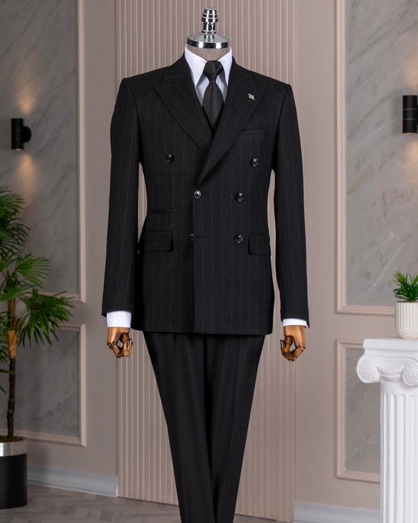 İtalyan stil slim fit kruvaze ceket pantolon kombin takım elbise siyah  T14660