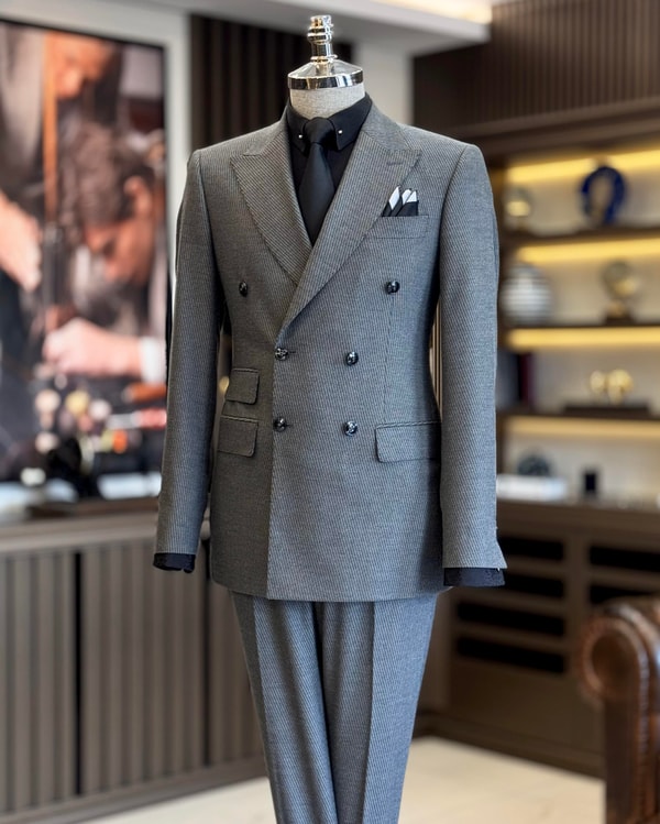İtalyan stil slim fit kruvaze ceket pantolon takım elbise gri T12999