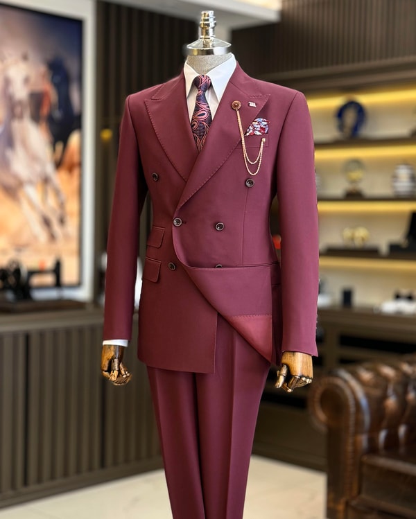 İtalyan stil slim fit kruvaze ceket pantolon takım elbise bordo T12596