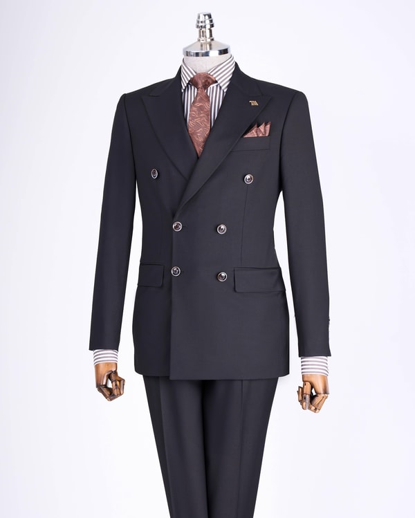 İtalyan stil slim fit kruvaze ceket pantolon takım elbise Siyah T13524