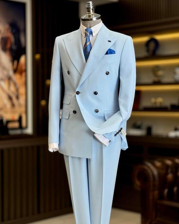 İtalyan stil slim fit kruvaze ceket pantolon takım elbise mavi T12605