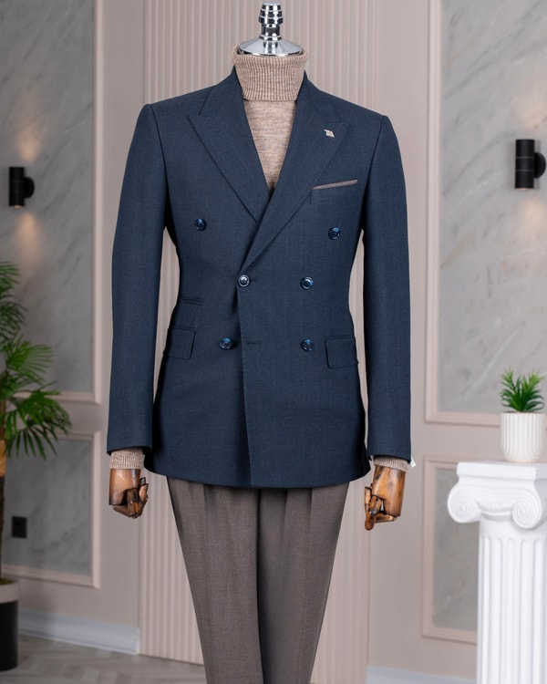 İtalyan stil slim fit kruvaze ceket pantolon kombin takım elbise lacivert  T14658
