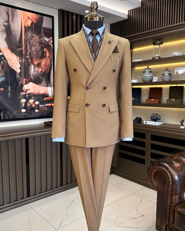 İtalyan stil slim fit kruvaze ceket pantolon takım elbise camel T11359