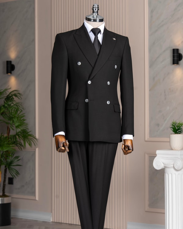 İtalyan stil slim fit kruvaze ceket pantolon takım elbise siyah T14981