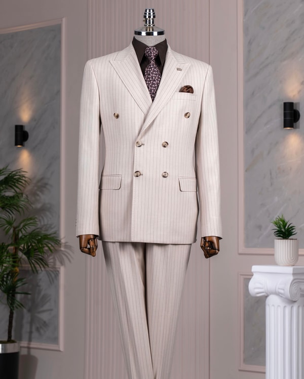 İtalyan stil slim fit kruvaze ceket pantolon takım elbise bej T14468