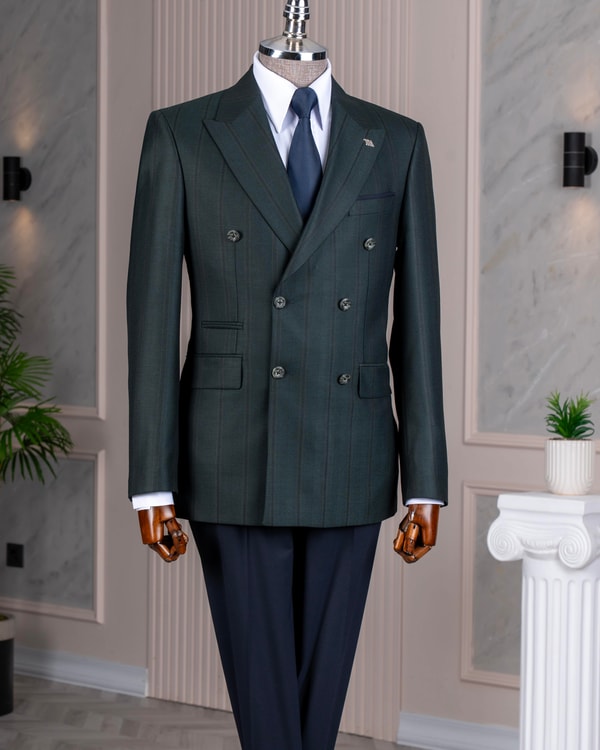 İtalyan stil slim fit kruvaze ceket pantolon kombin takım elbise yeşil T14663