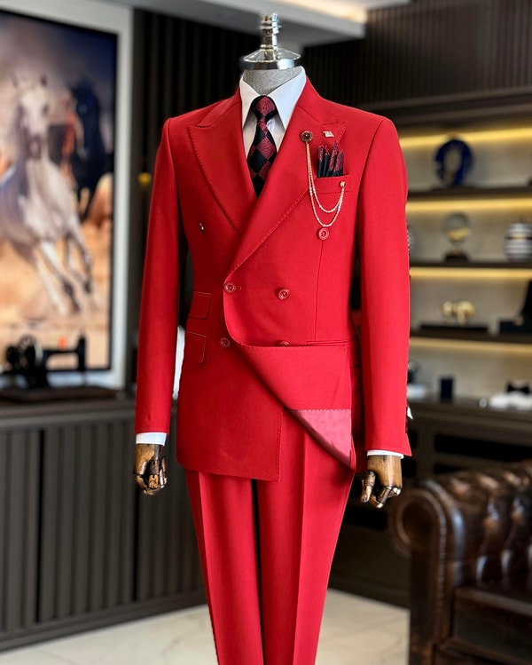 İtalyan stil slim fit kruvaze ceket pantolon takım elbise kırmızı T12598