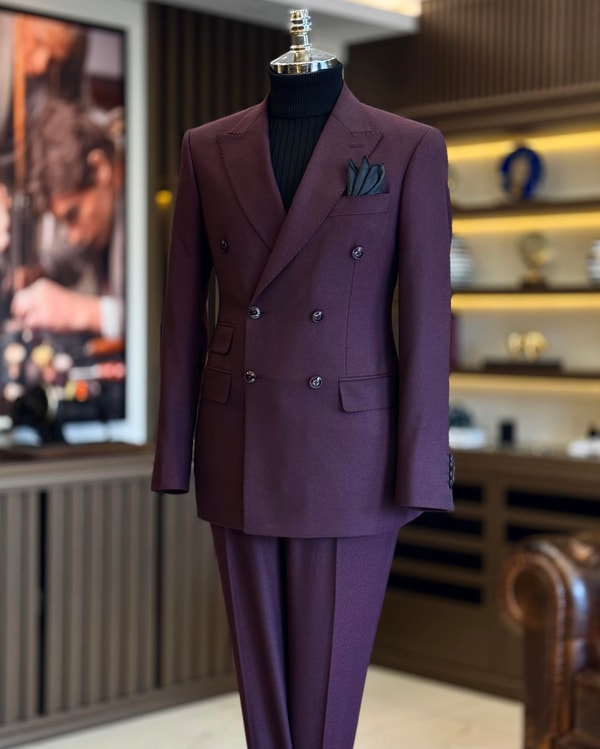 İtalyan stil slim fit kruvaze ceket pantolon takım elbise bordo T13002
