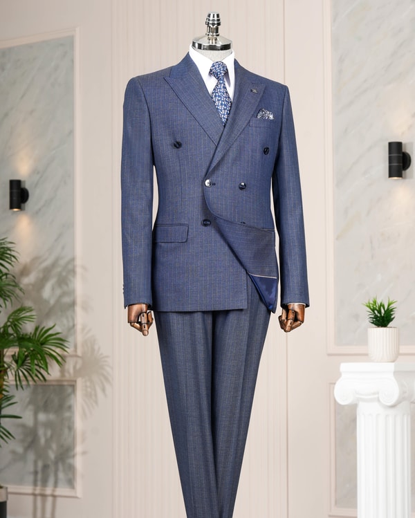 İtalyan stil slim fit kruvaze ceket pantolon takım elbise petrol T14466