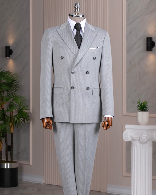İtalyan stil slim fit kruvaze ceket pantolon takım elbise gri T14733