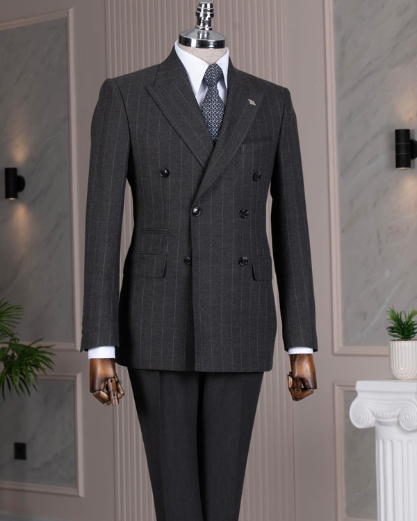 İtalyan stil slim fit kruvaze ceket pantolon kombin takım elbise antrasit  T14659
