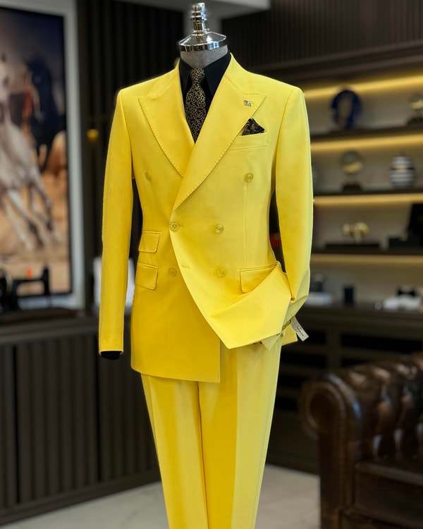 İtalyan stil slim fit kruvaze ceket pantolon takım elbise sarı T12600