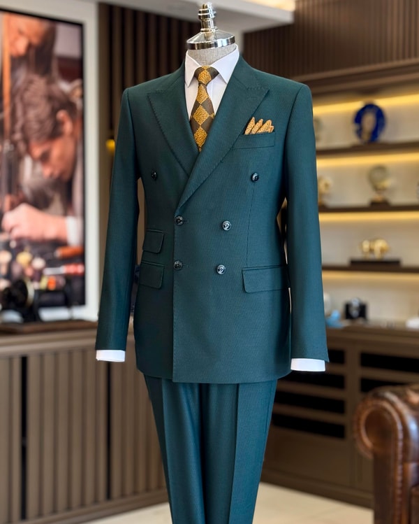 İtalyan stil slim fit kruvaze ceket pantolon takım elbise yeşil T13001