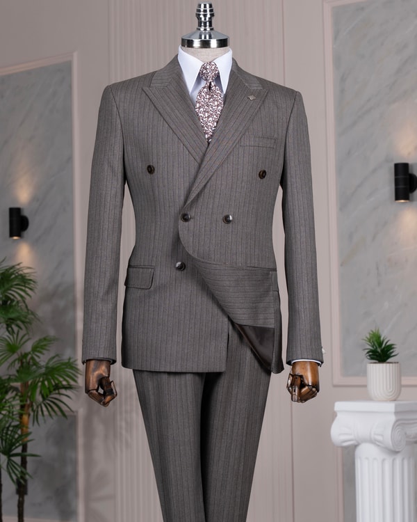 İtalyan stil slim fit kruvaze ceket pantolon takım elbise kahverengi T14469