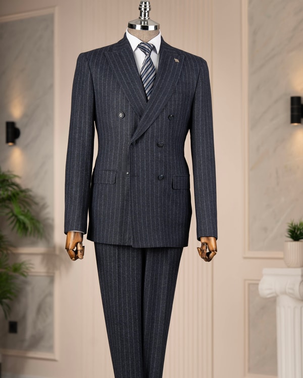 İtalyan stil slim fit kruvaze ceket pantolon takım elbise lacivert T14767