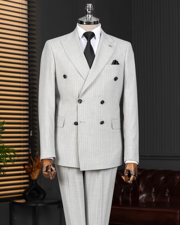 İtalyan stil slim fit kruvaze çizgili ceket pantolon takım elbise gri T14407