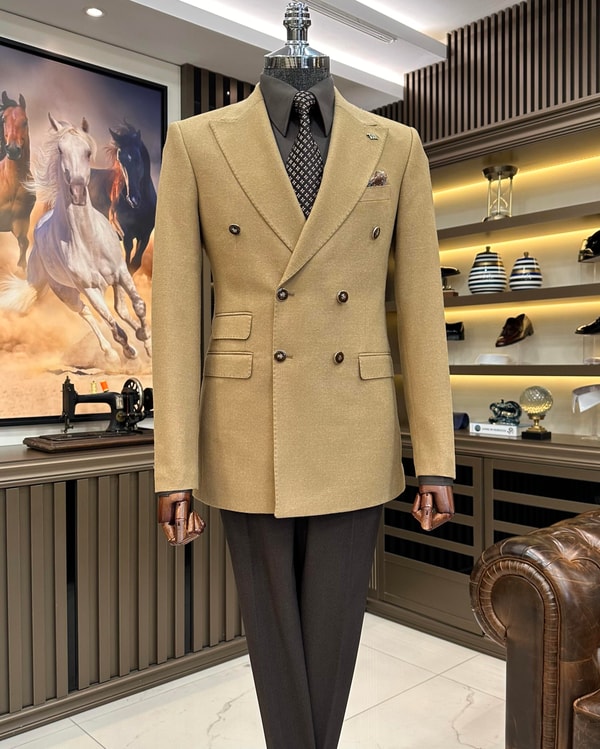 İtalyan stil slim fit kruvaze erkek ceket camel T10744