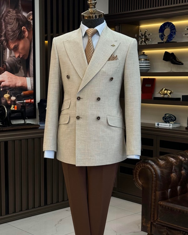 İtalyan stil slim fit kruvaze erkek ceket kahverengi T12239
