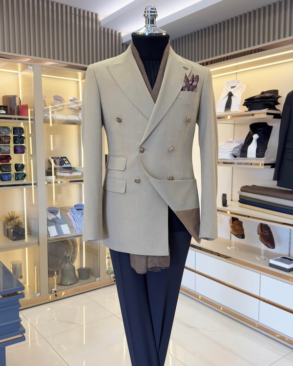 İtalyan stil slim fit kruvaze erkek ceket bej T10769