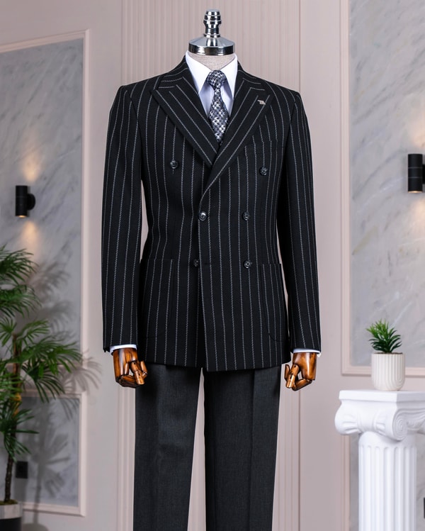 İtalyan stil slim fit kruvaze erkek tek ceket siyah T14336