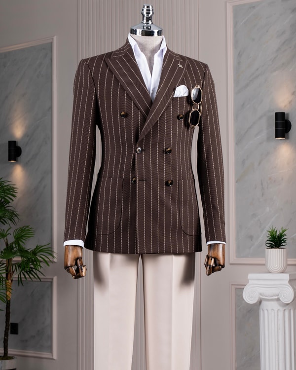 İtalyan stil slim fit kruvaze erkek tek ceket kahverengi T14337