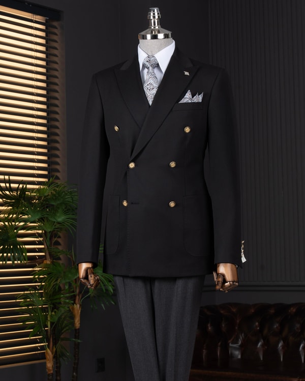 İtalyan stil slim fit kruvaze erkek tek ceket siyah T13935