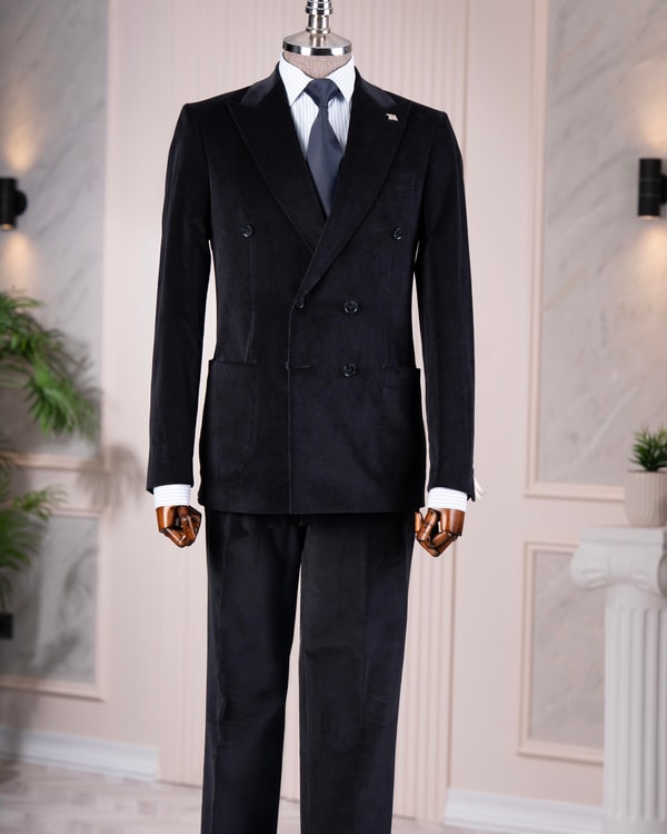 İtalyan stil slim fit kruvaze kadife ceket pantolon takım elbise lacivert T14973