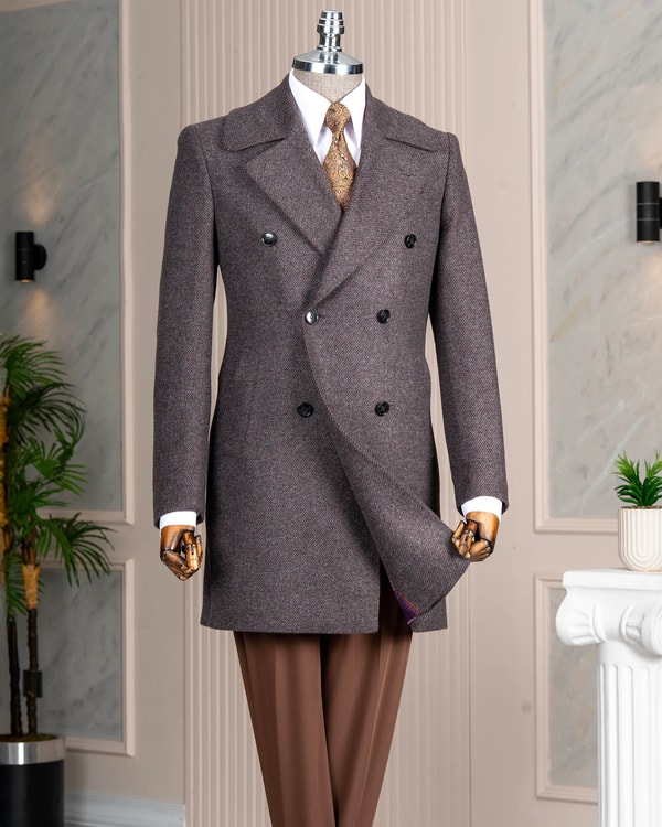 İtalyan stil slim fit kruvaze kaşe yan cepli erkek kaban bordo T15032