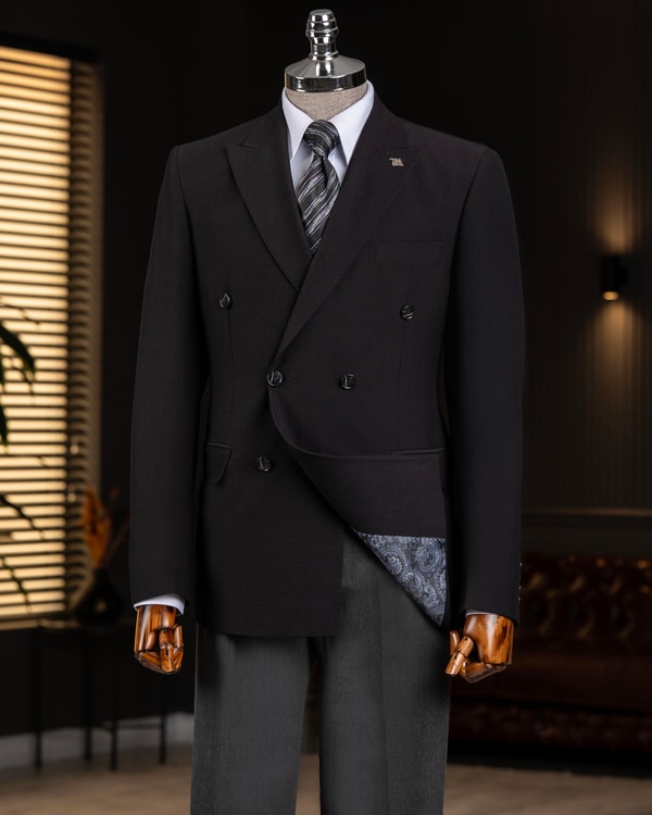 İtalyan stil slim fit kruvaze sivri yaka erkek ceket siyah  T13647