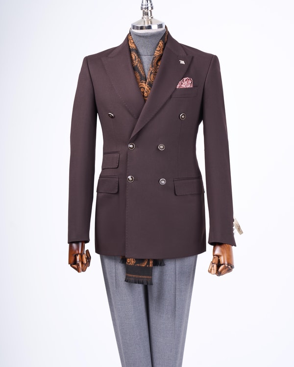 İtalyan stil slim fit kruvaze sivri yaka erkek ceket kahverengi T13294