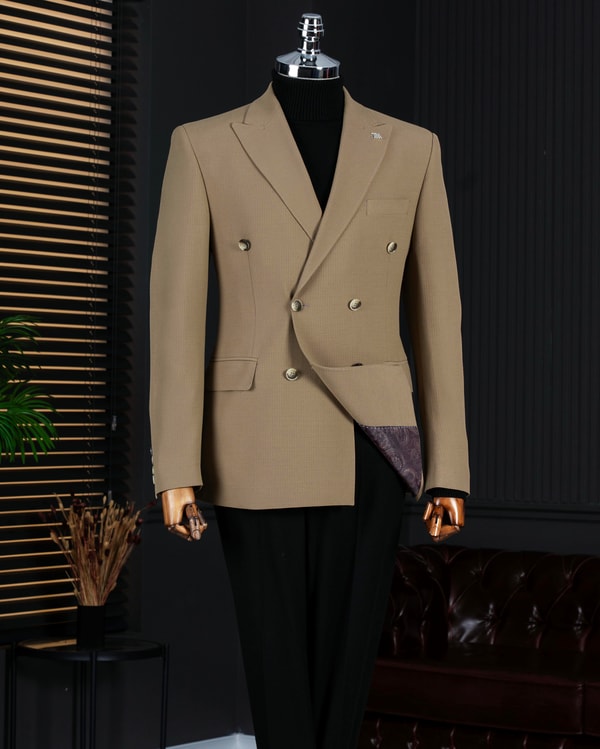 İtalyan stil slim fit kruvaze sivri yaka erkek ceket haki T13650