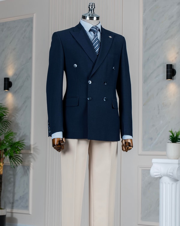 İtalyan stil slim fit kruvaze sivri yaka erkek ceket lacivert T13649
