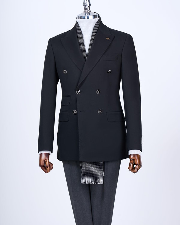 İtalyan stil slim fit kruvaze sivri yaka erkek ceket siyah T13290