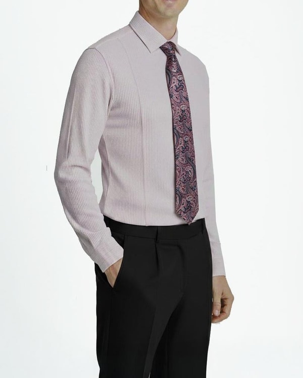 İtalyan stil slim fit likralı çizgili kravat yaka erkek gömlek mor T11926