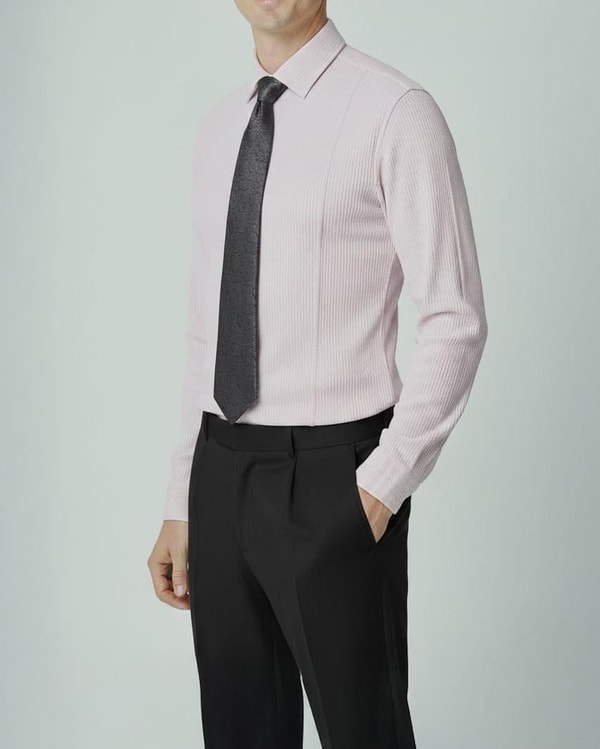 İtalyan stil slim fit likralı çizgili kravat yaka erkek gömlek lila T11927