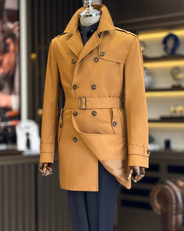 İtalyan stil slim fit mevsimlik erkek trençkot mont camel T6634