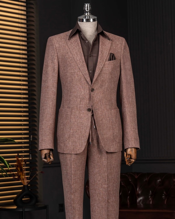İtalyan stil slim fit mono yaka ceket pantolon takım elbise bordo T14362