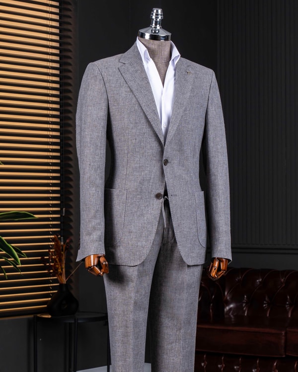 İtalyan stil slim fit mono yaka ceket pantolon takım elbise gri T14364