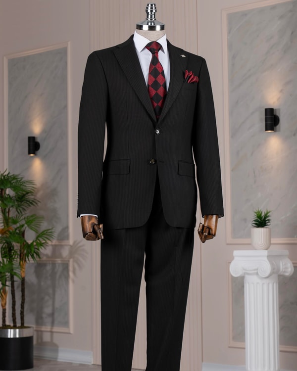 İtalyan stil slim fit mono yaka ceket pantolon takım elbise siyah T14290