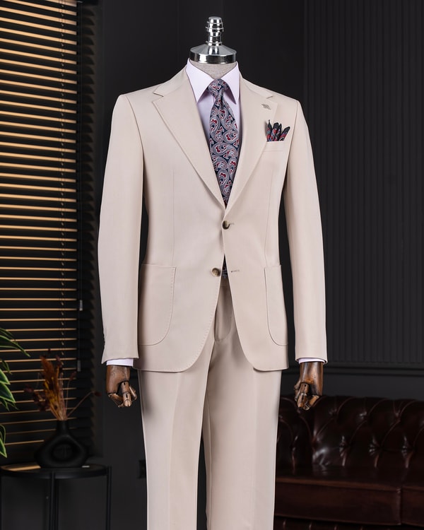 İtalyan stil slim fit mono yaka ceket pantolon takım elbise bej T14011