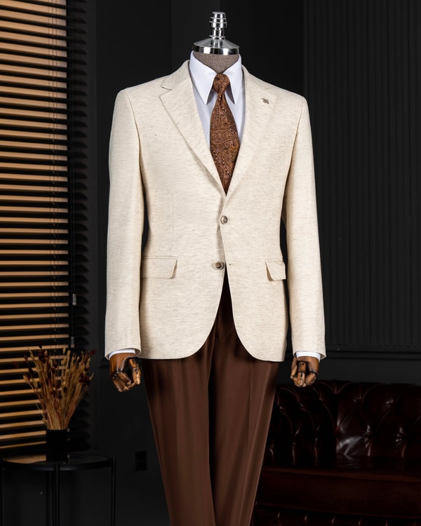 İtalyan stil slim fit mono yaka ceket  bej T13670
